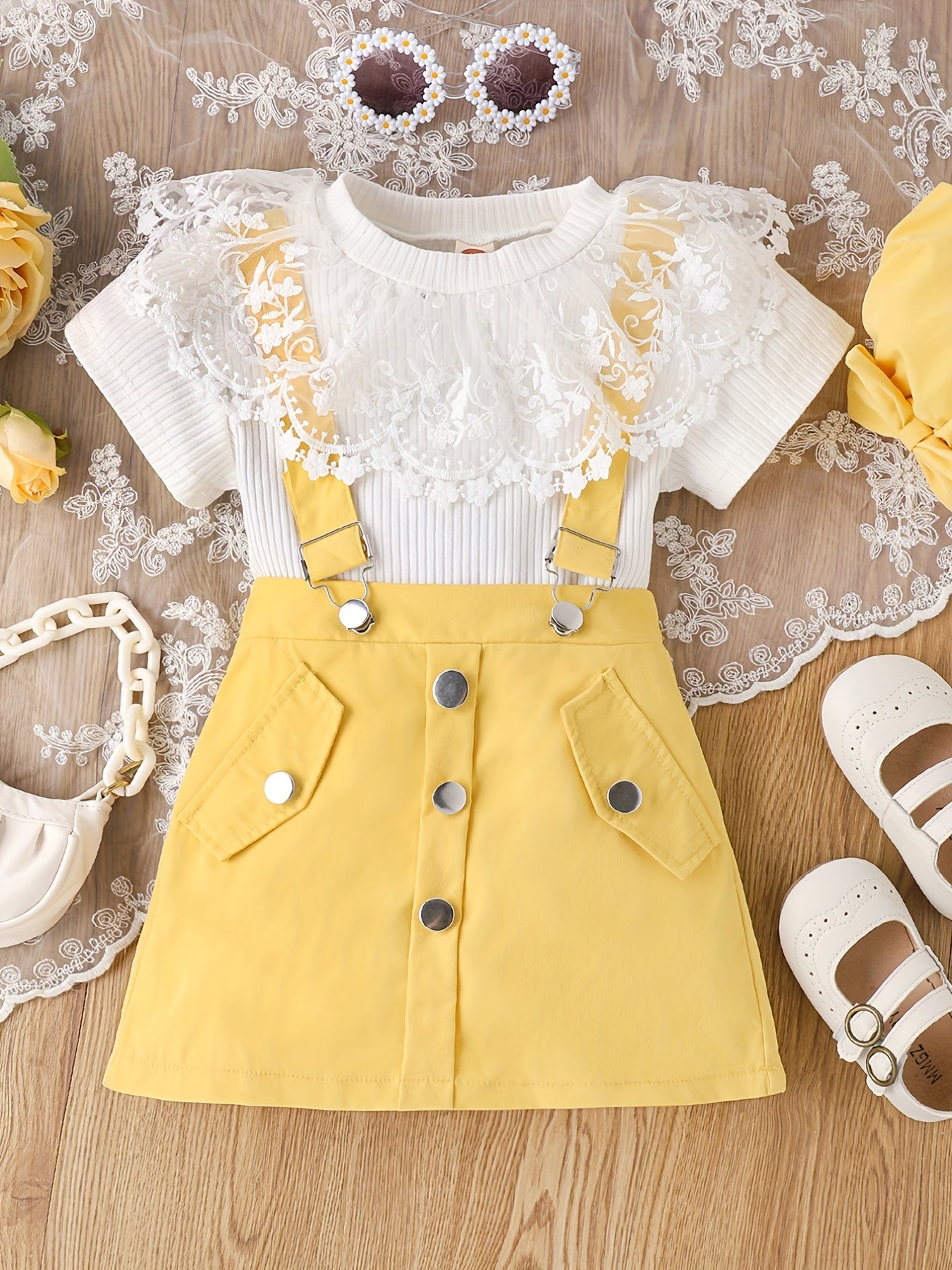 Girls Ribbed T shirt & Short Skirt Jumpsuit Set Lace Decor Tee Top Romper