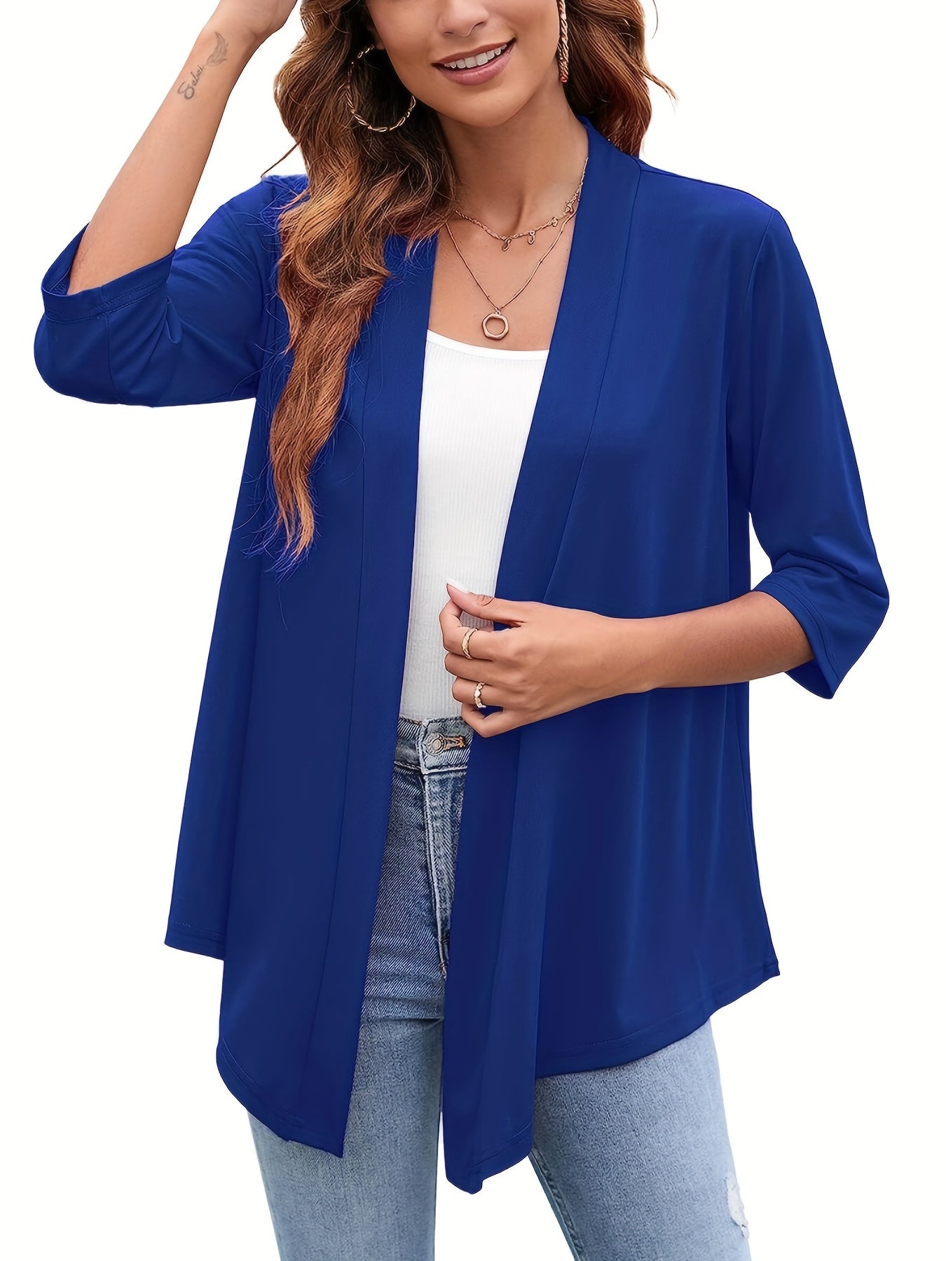 Solid Open Front Draped Cardigan 3/4 Sleeve Casual Cardigan