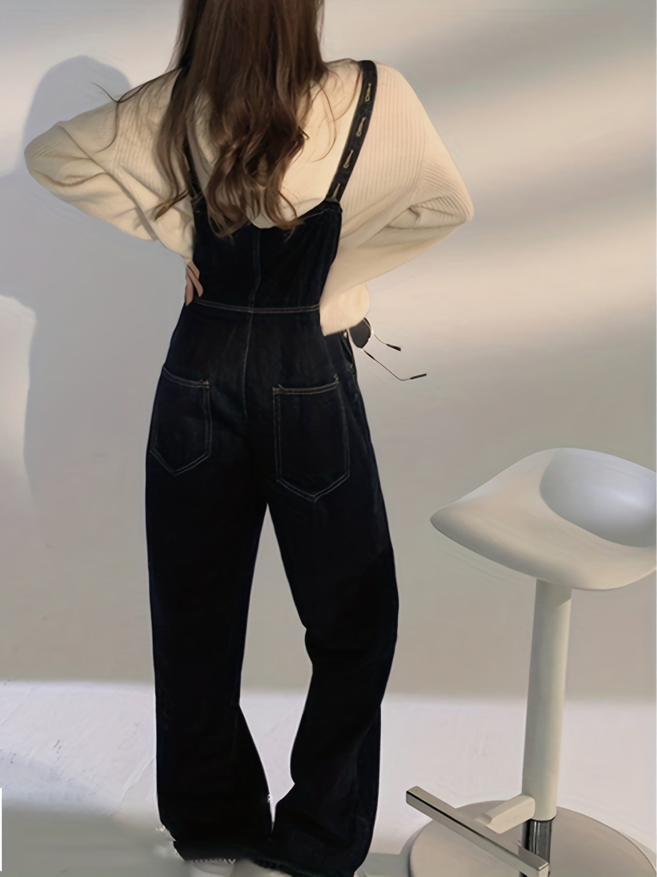 Dark Loose Fit Denim Jumpsuit Non Stretch Slash Pockets Casual Denim Overalls