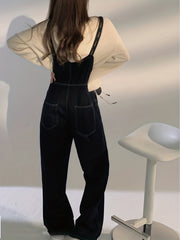 Dark Loose Fit Denim Jumpsuit Non Stretch Slash Pockets Casual Denim Overalls