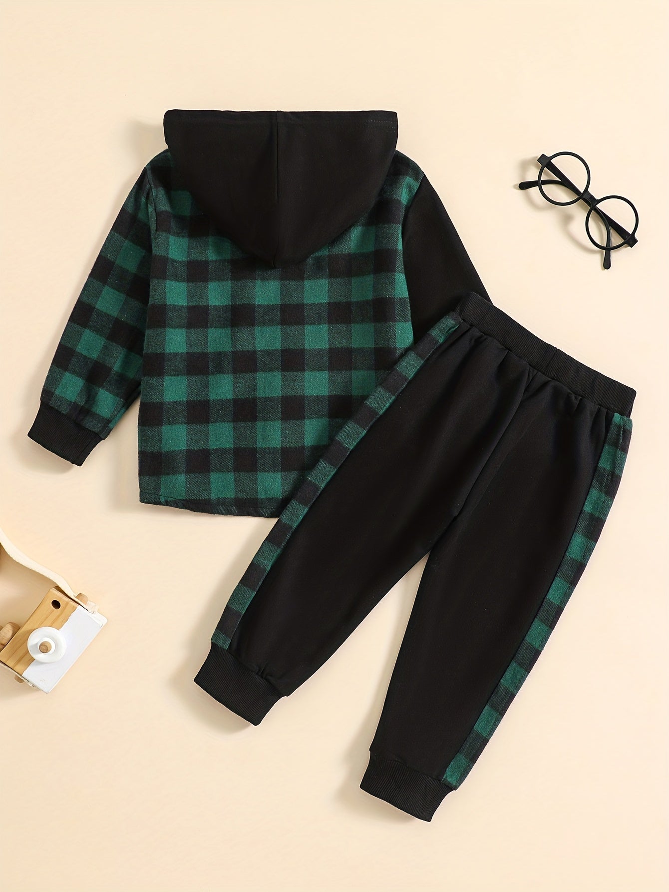 Toddler Boy's Hooded Shirt & Sweatpants Set Plaid Casual Outfits