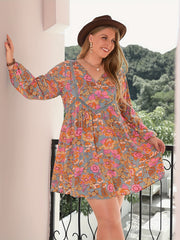 Boho Floral Lantern Sleeve V Neck Mini Dress