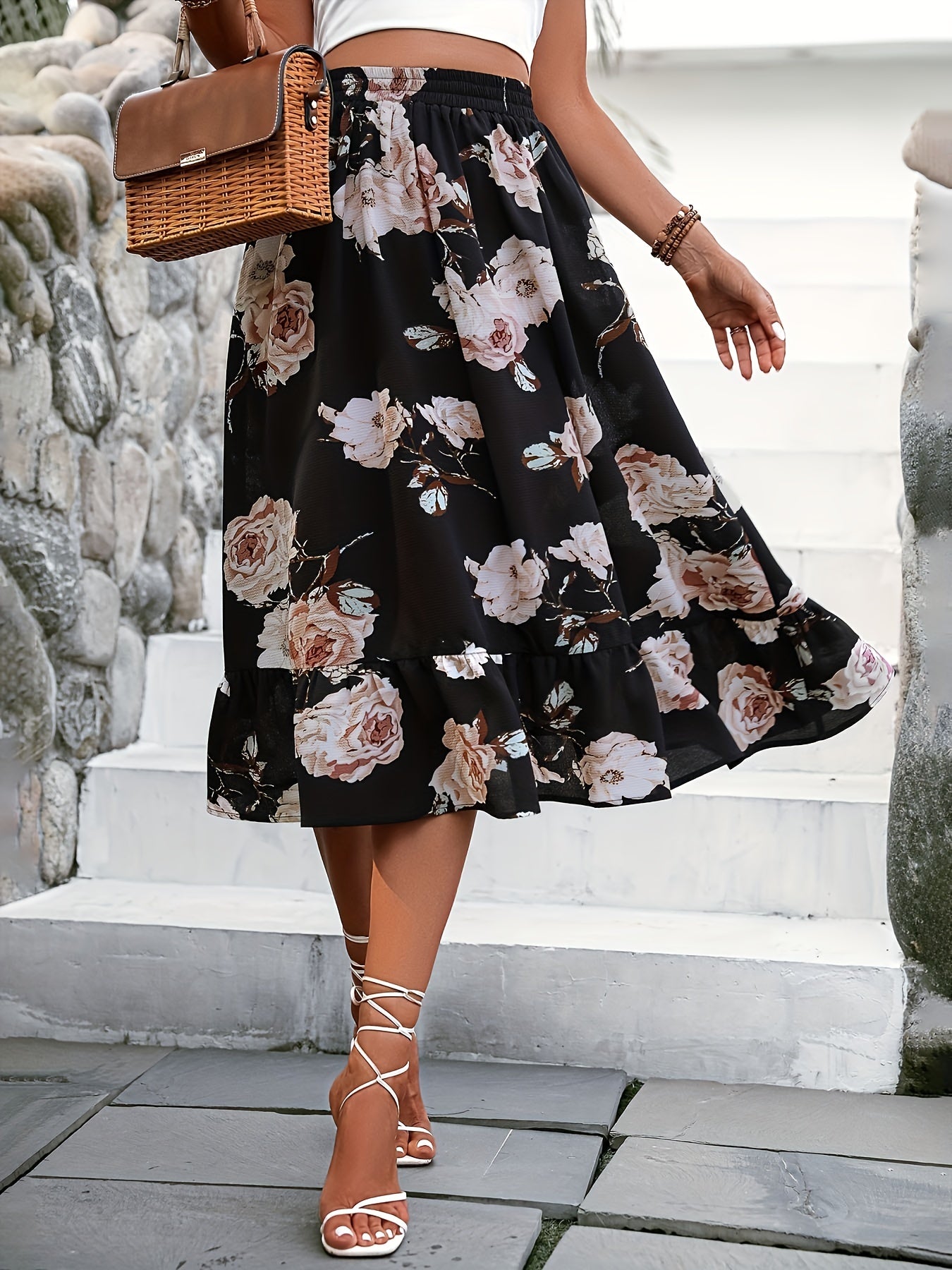 Floral Print Elastic Waist Skirt for Women