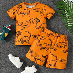 2pcs Little Boy Casual Dinosaurs Graphic Short Sleeve Tees & Shorts Set