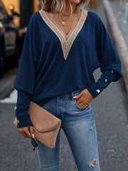 Lace V Neck Button Top Long Sleeve Spring/Fall Casual Women's Clothing