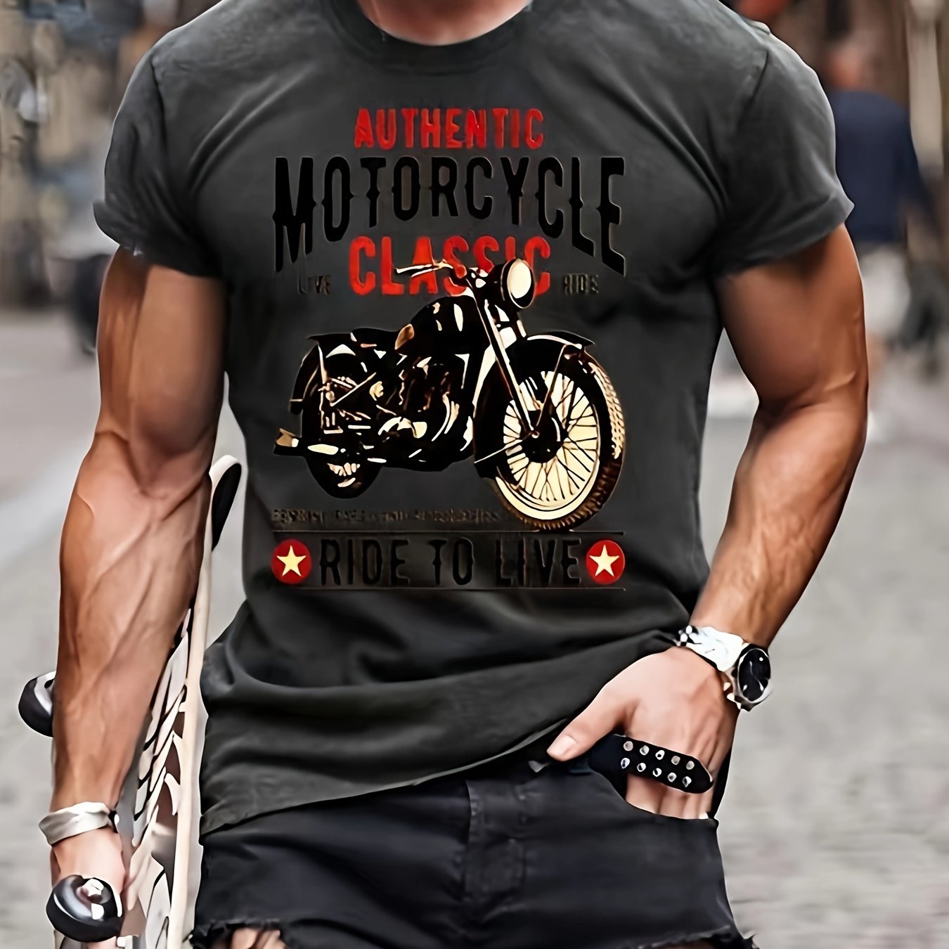 Men's Motorcycle Print T shirt Casual Street Style Tee Shirt