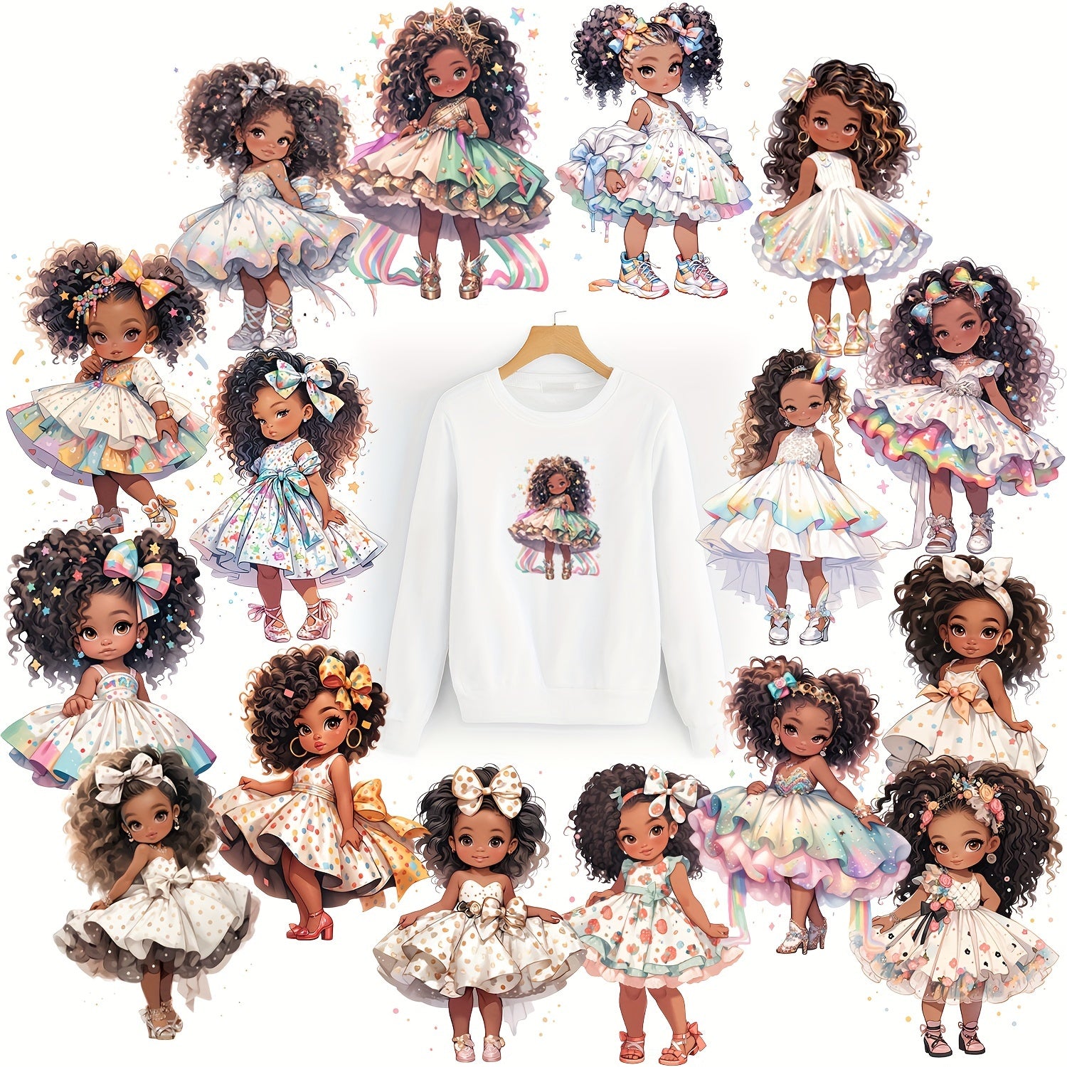 8pcs Fluffy Hair Pretty Skirt Heat Transfer Print Stickers