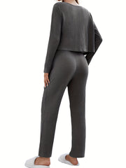 Ribbed 3pc Set Button Cardigan & Cami Top & Pants Outfit
