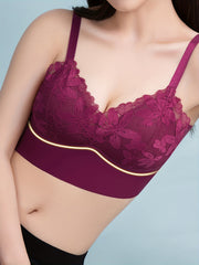 Lace Flower Decor Push Up Sports Bra Full Coverage V Neck Workout Running Bra