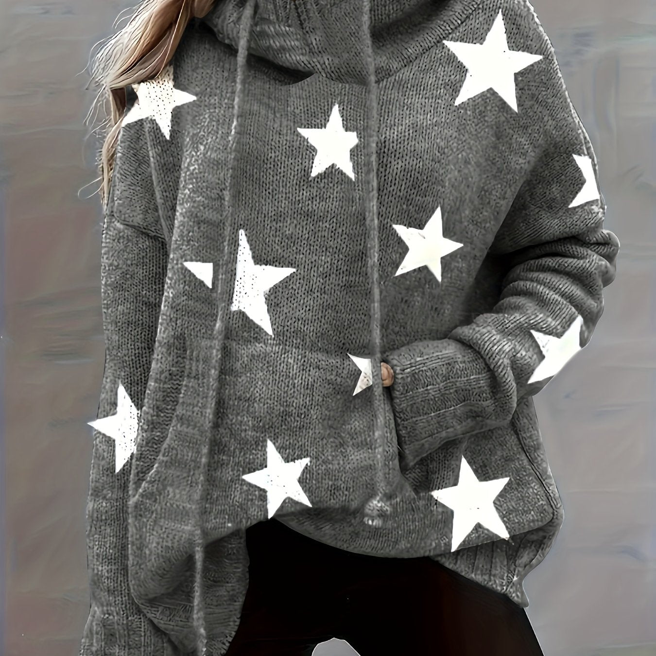 Star Print Long Sleeve Hoodie Sweater With Pockets