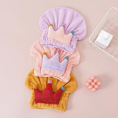 Kids Cartoon Crown Shower Cap, Absorbent Coral Fleece Turban