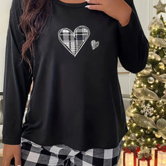 Women's Plaid Heart Graphic Long Sleeve Crew Neck Home Wear Tee