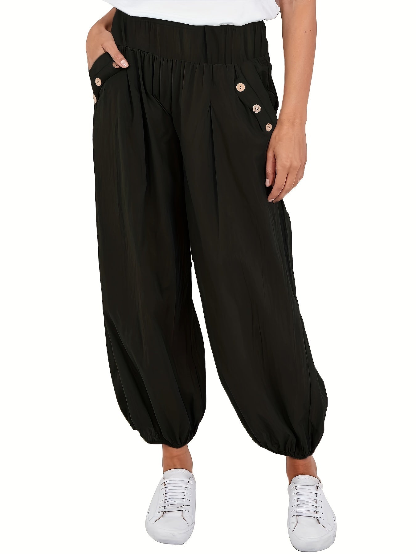 Pleated Elastic Waist Pants Button Decor Baggy Pants