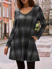 Women's Plus Plaid Print Long Sleeve V Neck Tee Dress With Pockets