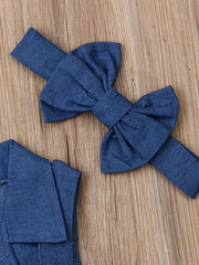 Girls Denim Romper Belted Jumpsuit & Headband Set