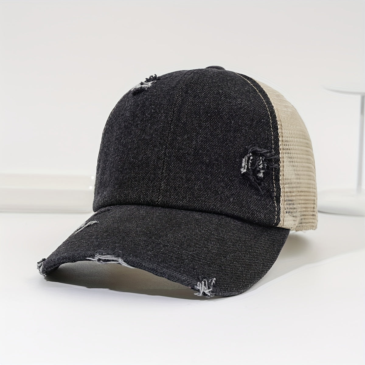 Distressed Ponytail Trucker Hat Adjustable Baseball Cap