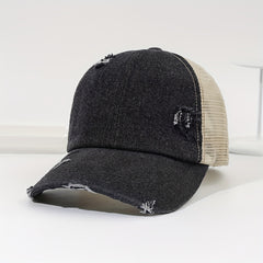 Distressed Ponytail Trucker Hat Adjustable Baseball Cap