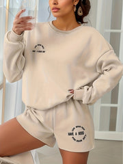 Letter Print Casual Long Sleeve Loose Sweatshirt & Elastic Waist Shorts