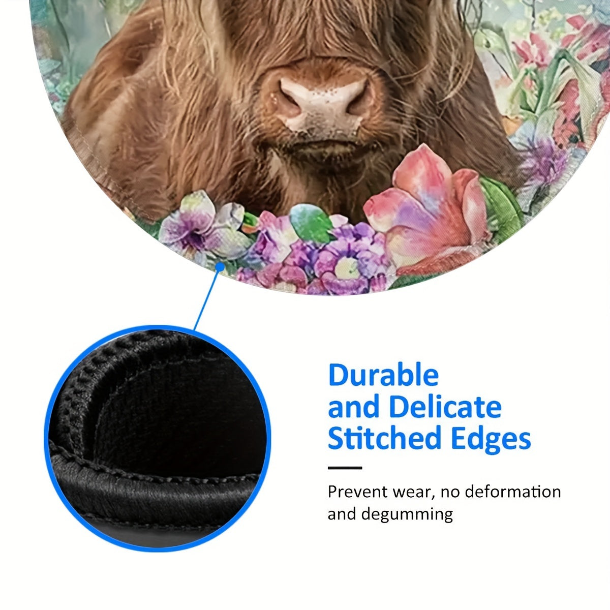 Floral Highland Cow Mouse Pad Round Mouse Mat Non Slip Rubber Base