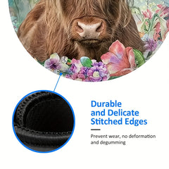 Floral Highland Cow Mouse Pad Round Mouse Mat Non Slip Rubber Base