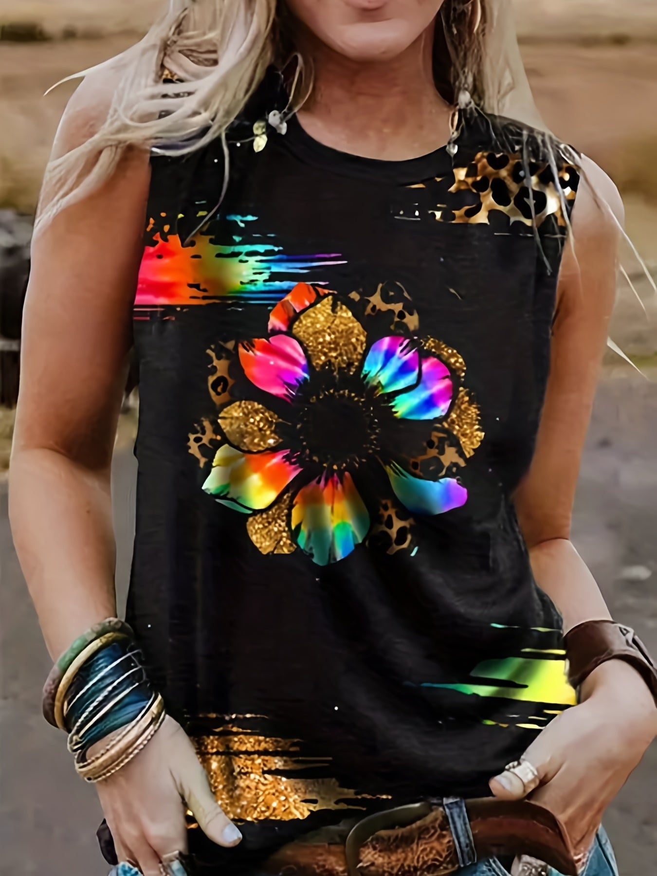 Leopard Sunflower Print Tank Top Vintage Crew Neck Sleeveless Summer Tank Top