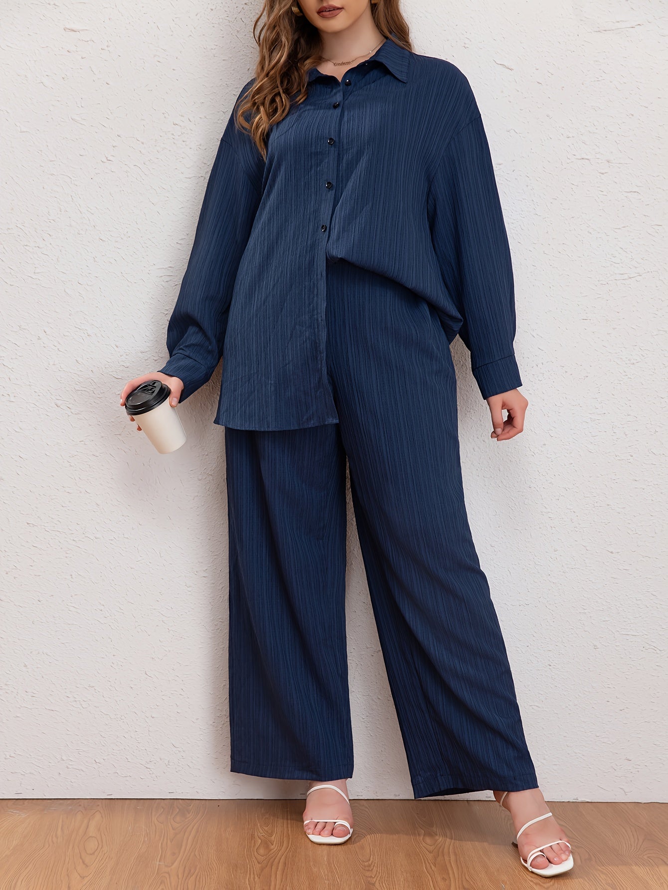 Solid Button Up Blouse & Wide Leg Pants 2 Piece Set