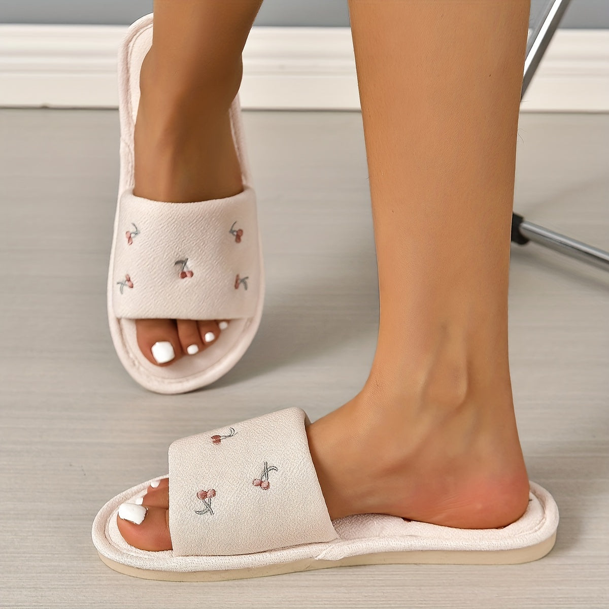Cherry Pattern Plush Slippers Open Toe Bedroom Shoes
