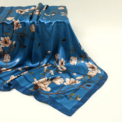 Magnolia Print Square Scarf Vintage Silky Bandana Woman Neckerchief