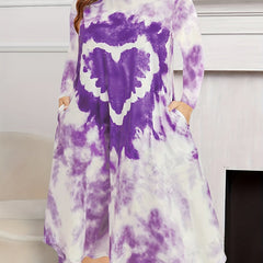 Tie Dye & Heart Print Long Sleeve Nightdress With Pockets