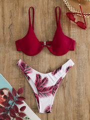 Burgundy Leaf Print Bikini Set V Neck Backless High Cut Two Piece Swimsuit