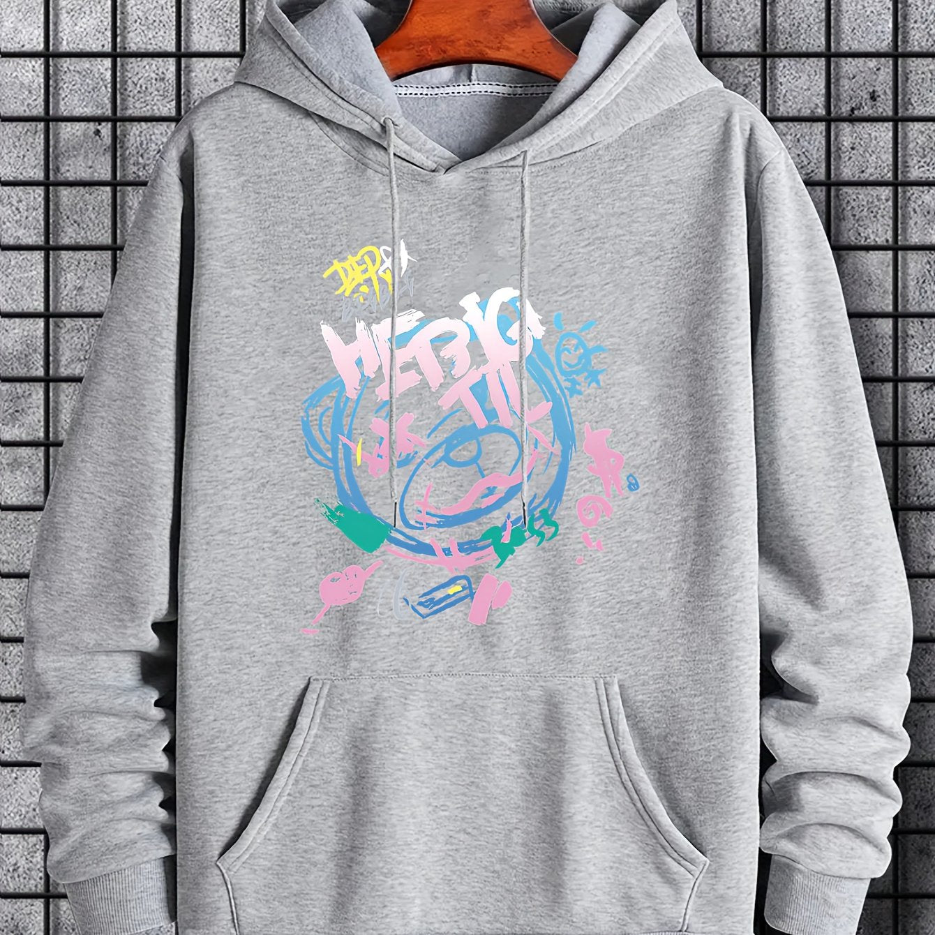 Men's Graffiti Bear Graphic Hoodie Casual Drawstring Hooded Sweatshirt