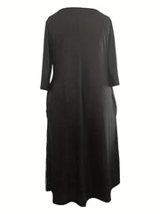 Colorblock Plaid Print Three Quarter Sleeve Round Neck Maxi Dress