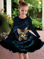 Girls 3D Flower Cat Graphic Crew Neck Long Sleeve Dress