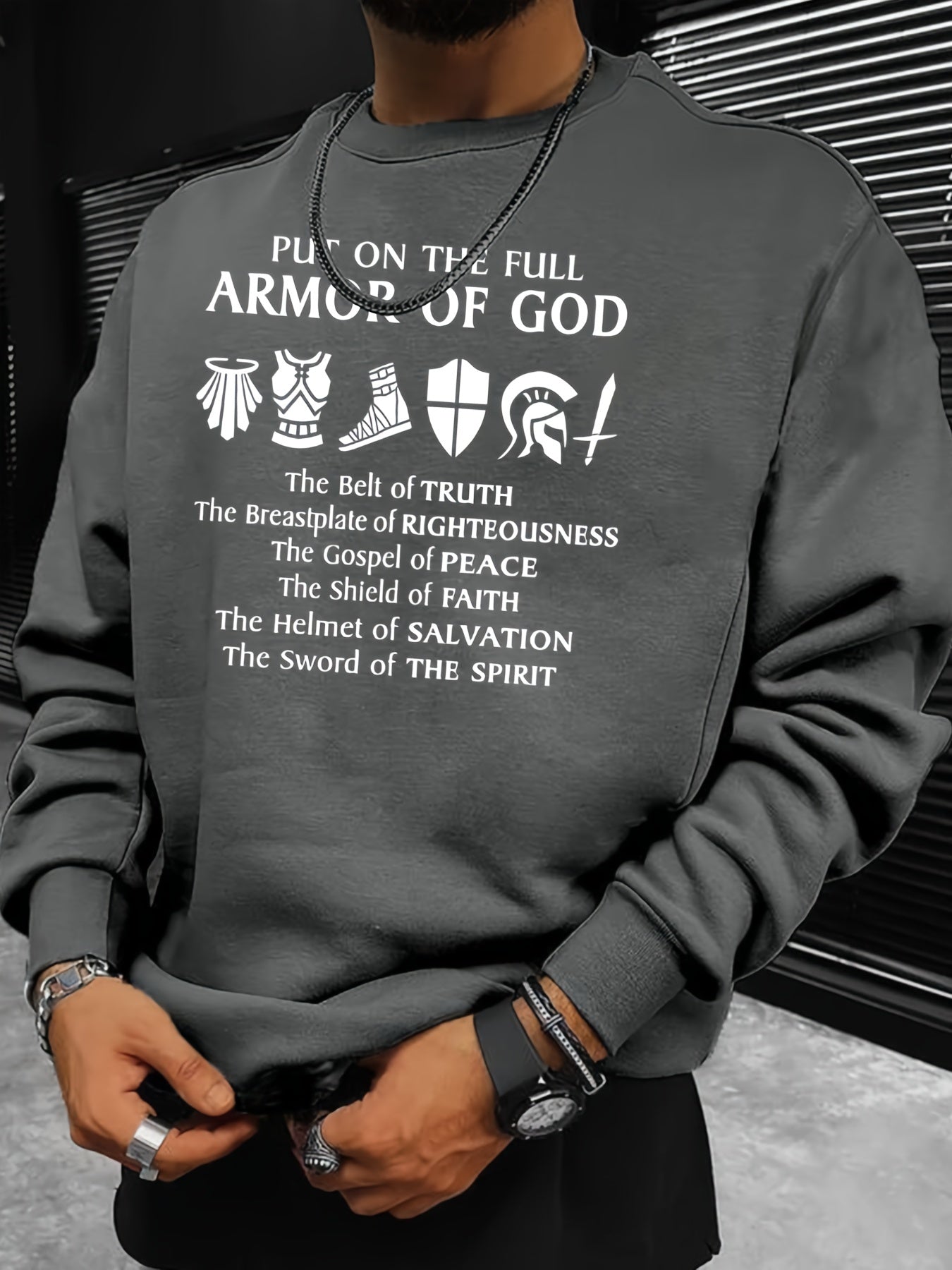 Armor Of God Print Sweatshirt Men's Casual Graphic Pullover Sweatshirt