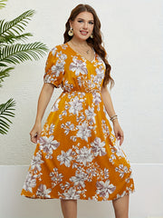 Floral Print V Neck Puff Sleeve Nipped Waist Plus Size Summer Dress