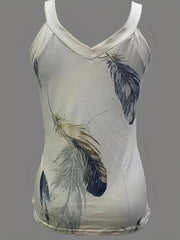 Feather Print V Neck Tank Top Sleeveless Casual Top Women's Clothing