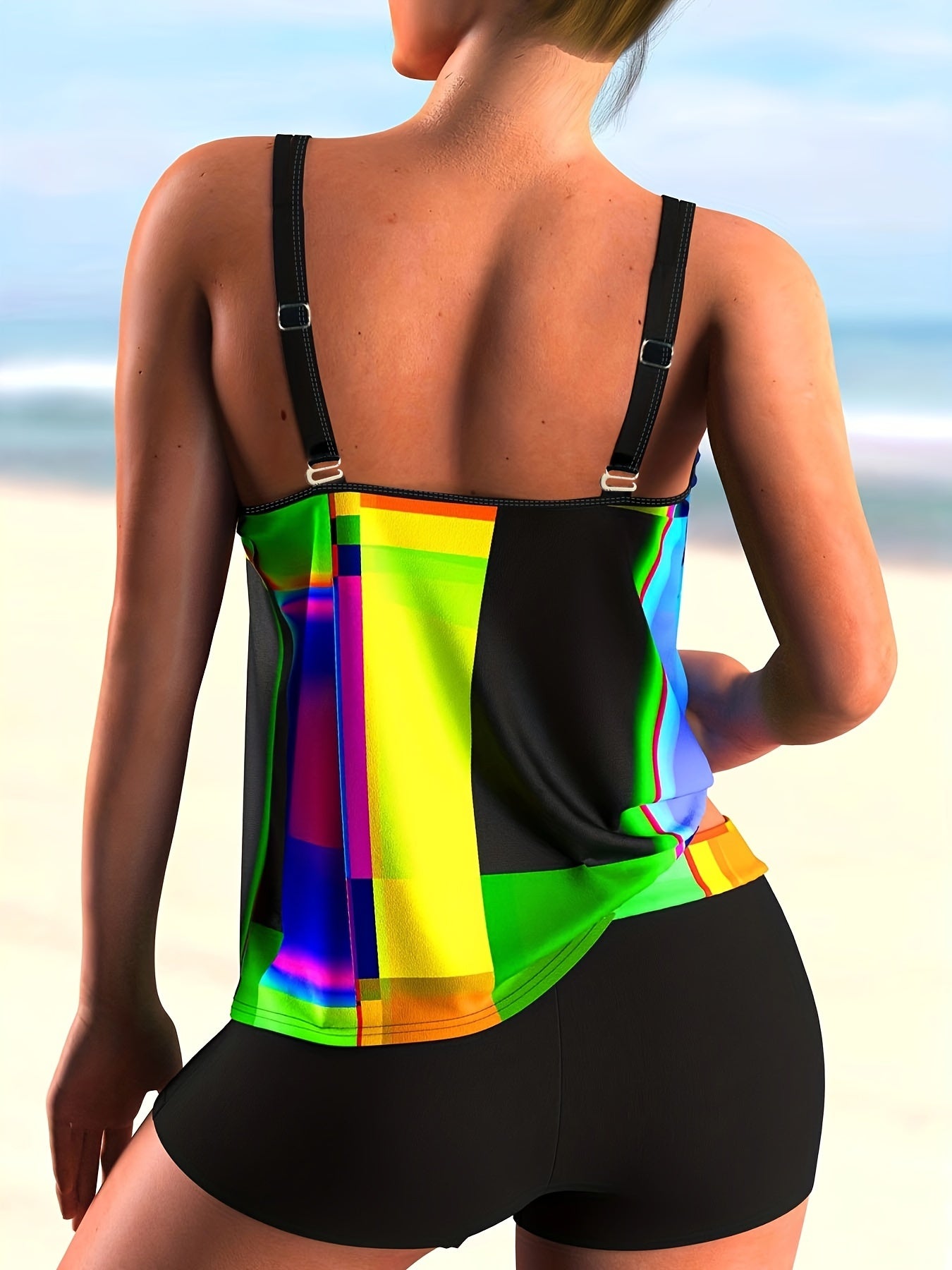 Modest Tankini Set Women's Plus Geo Print Round Neck Cami Top & Shorts