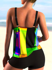 Modest Tankini Set Women's Plus Geo Print Round Neck Cami Top & Shorts
