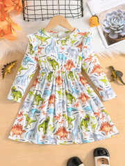 Stylish Dinosaurs Full Print Long Sleeve Dress For Girls