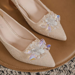 Women's Pointed Toe Chunky Heels Floral Rhinestone Slip On Wedding Heels