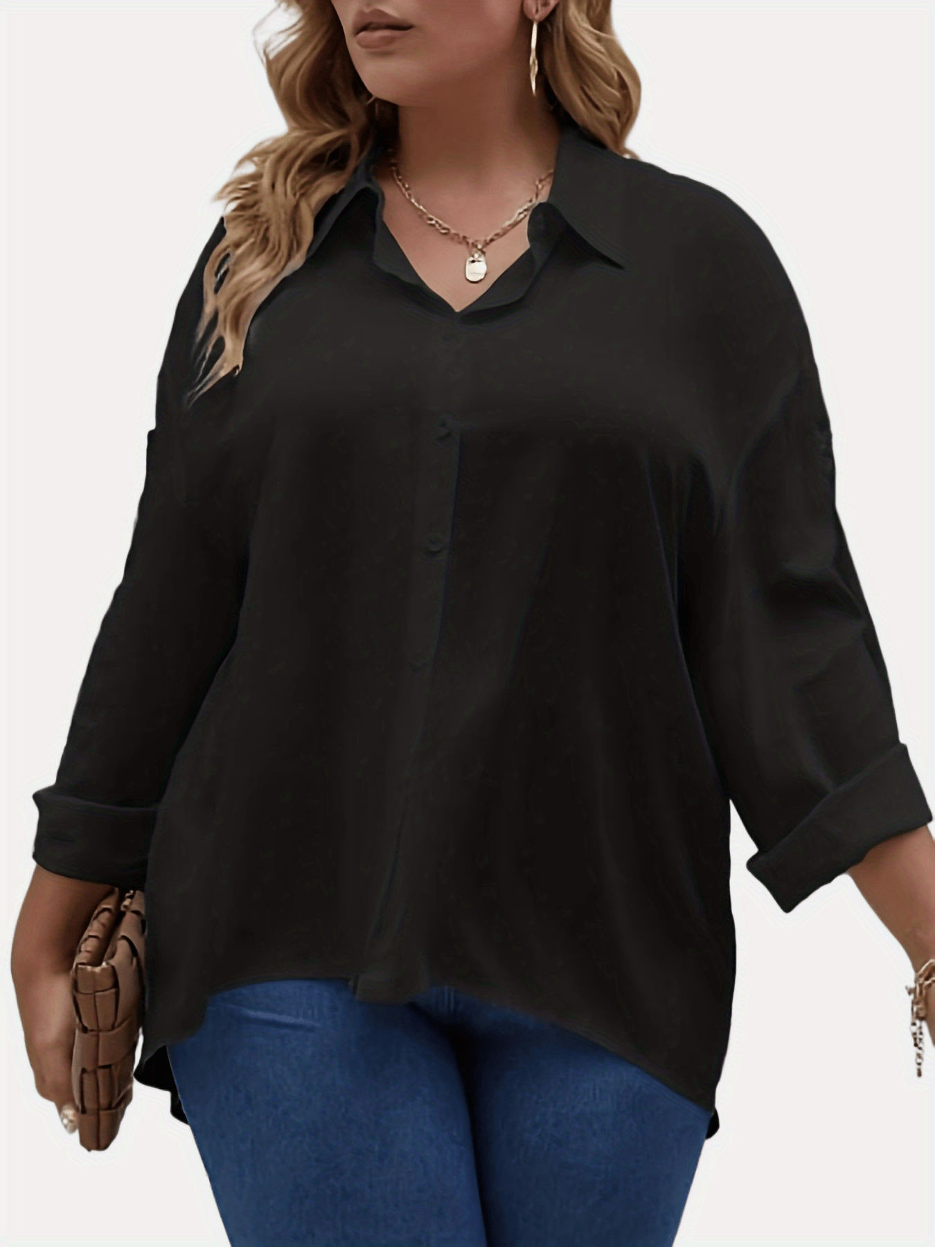 Basic Blouse Women's Plus Plain Turn Down Collar Button Up Shirt