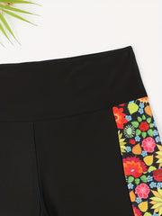 Women's Plus Size Floral Print Seamless Biker Shorts with Pockets