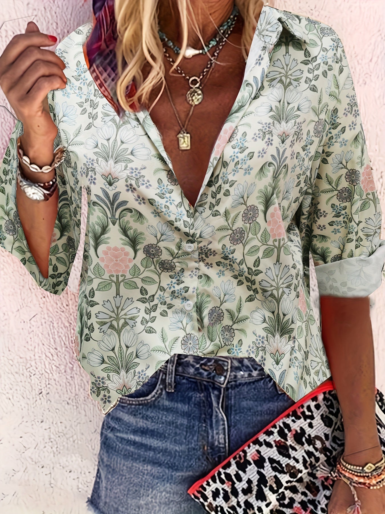 Casual Top Women's Plus Floral Print Button Up Long Sleeve Blouse