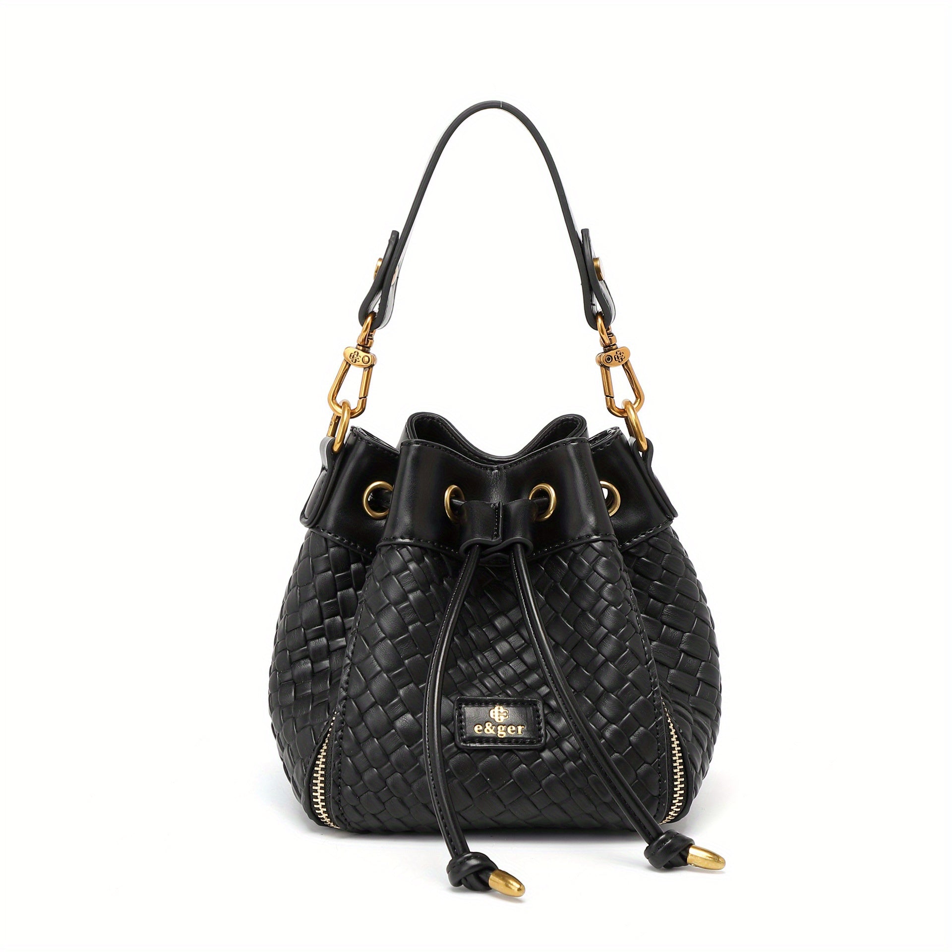 Mini Woven Drawstring Bucket Bag PU Crossbody Bag Women's Casual Shoulder Purse