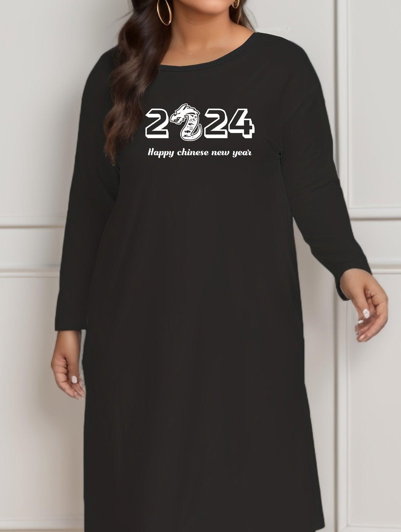 Slogan Print Long Sleeve Round Neck Lounge Dress