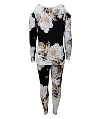 Floral Print 2pc Set Cold Shoulder Tops & Leggings Outfit