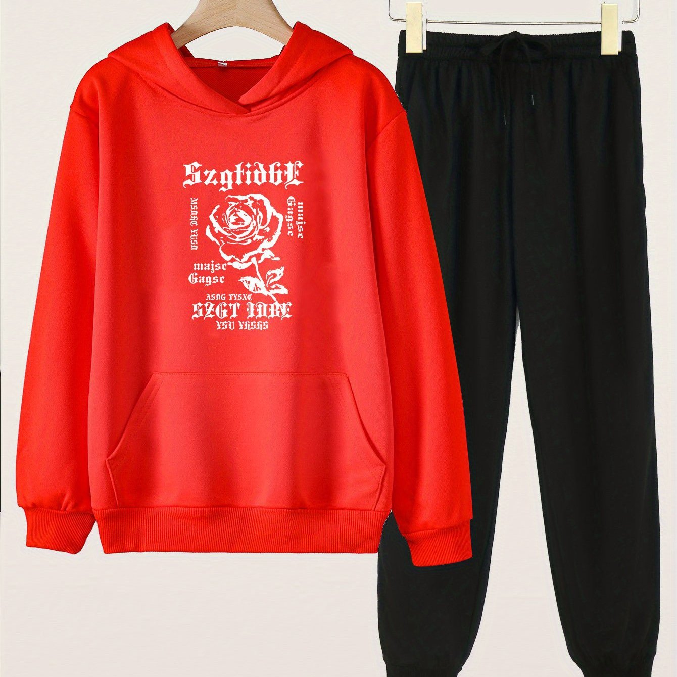 Rose Print Hoodies Jogger Pants Set Girls Spring Fall