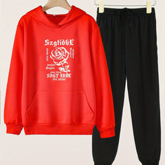 Rose Print Hoodies Jogger Pants Set Girls Spring Fall