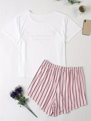 Casual Pajamas Set Cat & Letter Print Top & Striped Shorts