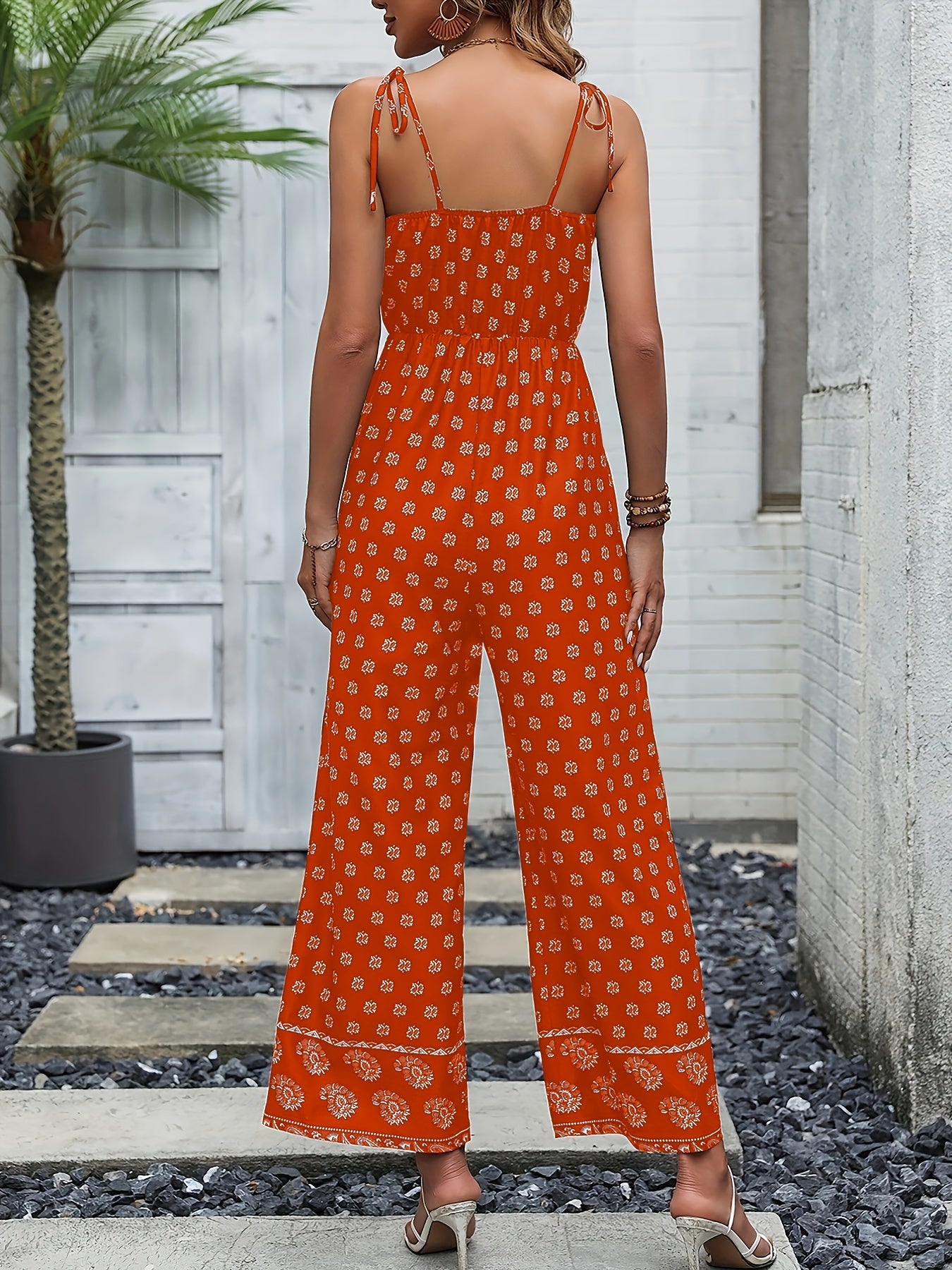 Floral Print Lace Up Wide Leg Jumpsuit